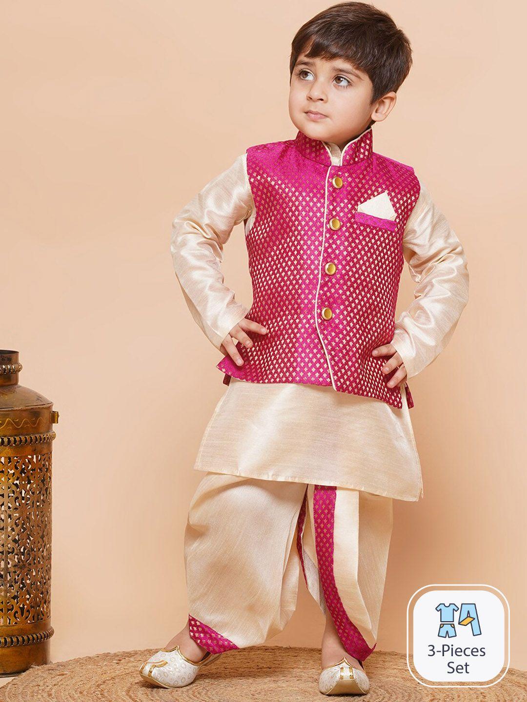 aj dezines boys mandarin collar raw silk kurta with dhoti pants & nehru jacket