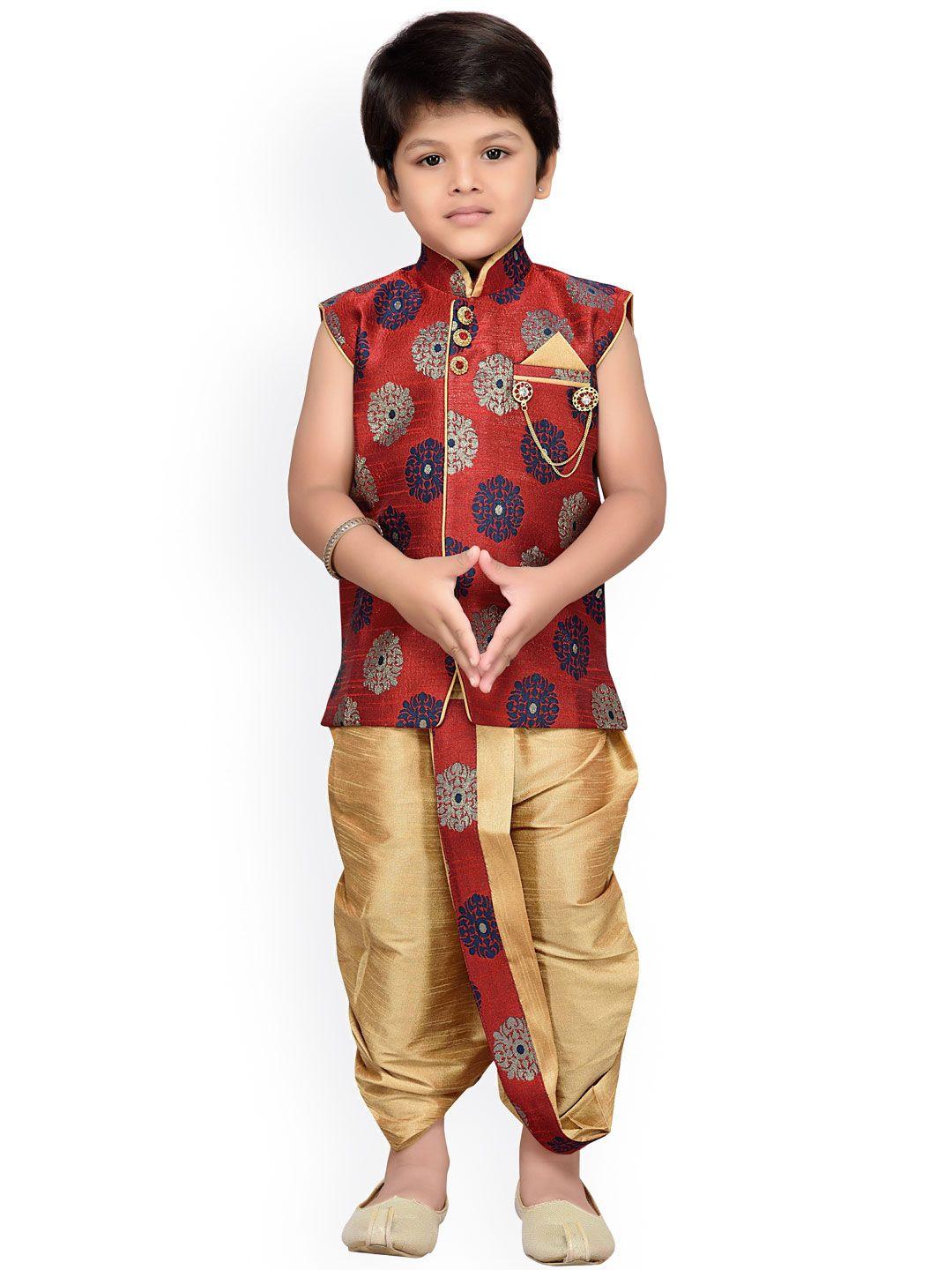 aj dezines boys maroon & gold-toned embellished dhoti set with woven design