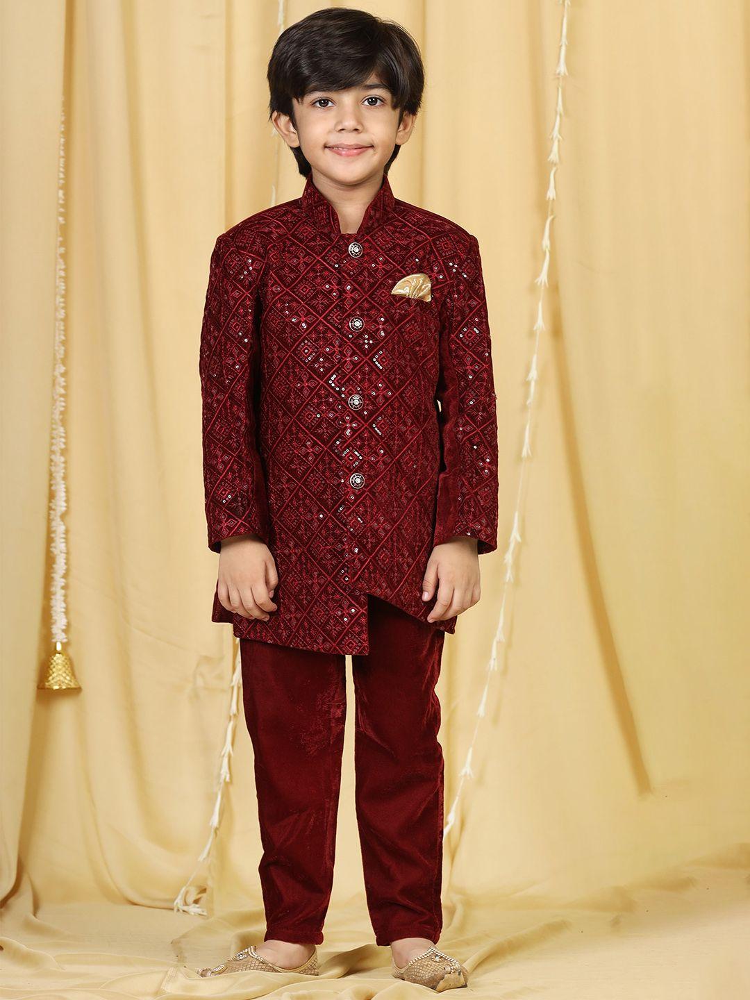 aj dezines boys maroon embroidered velvet sherwani with trouser