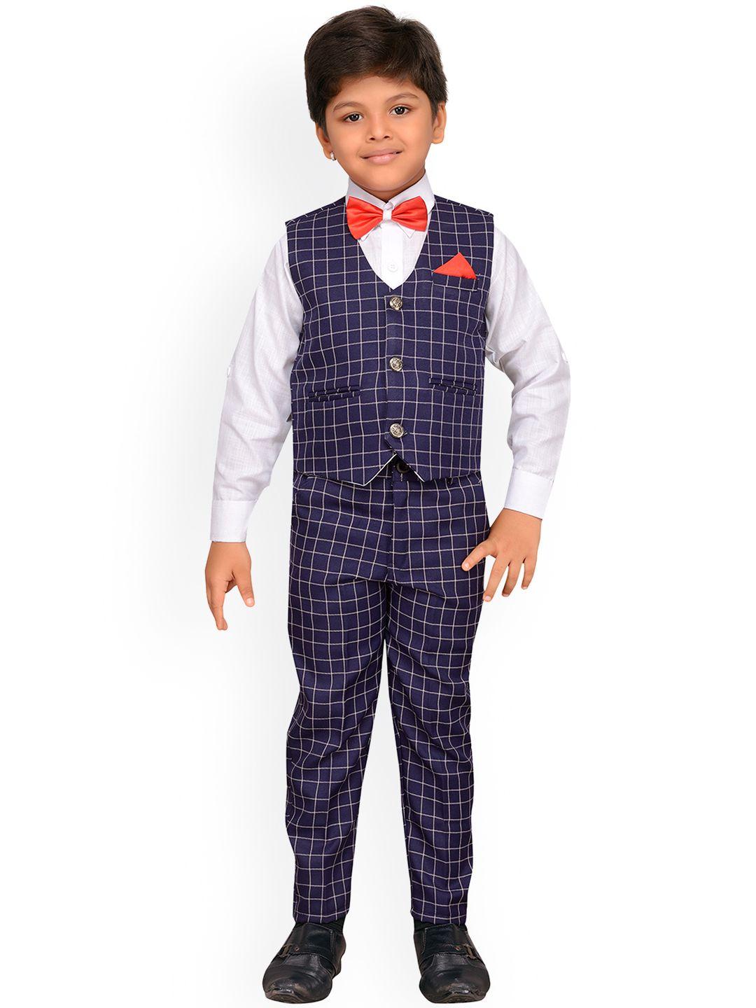 aj dezines boys navy blue & white checked shirt with trousers