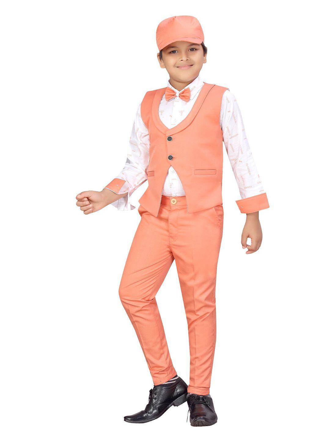 aj dezines boys orange & white printed shirt with trousers & waistcoat