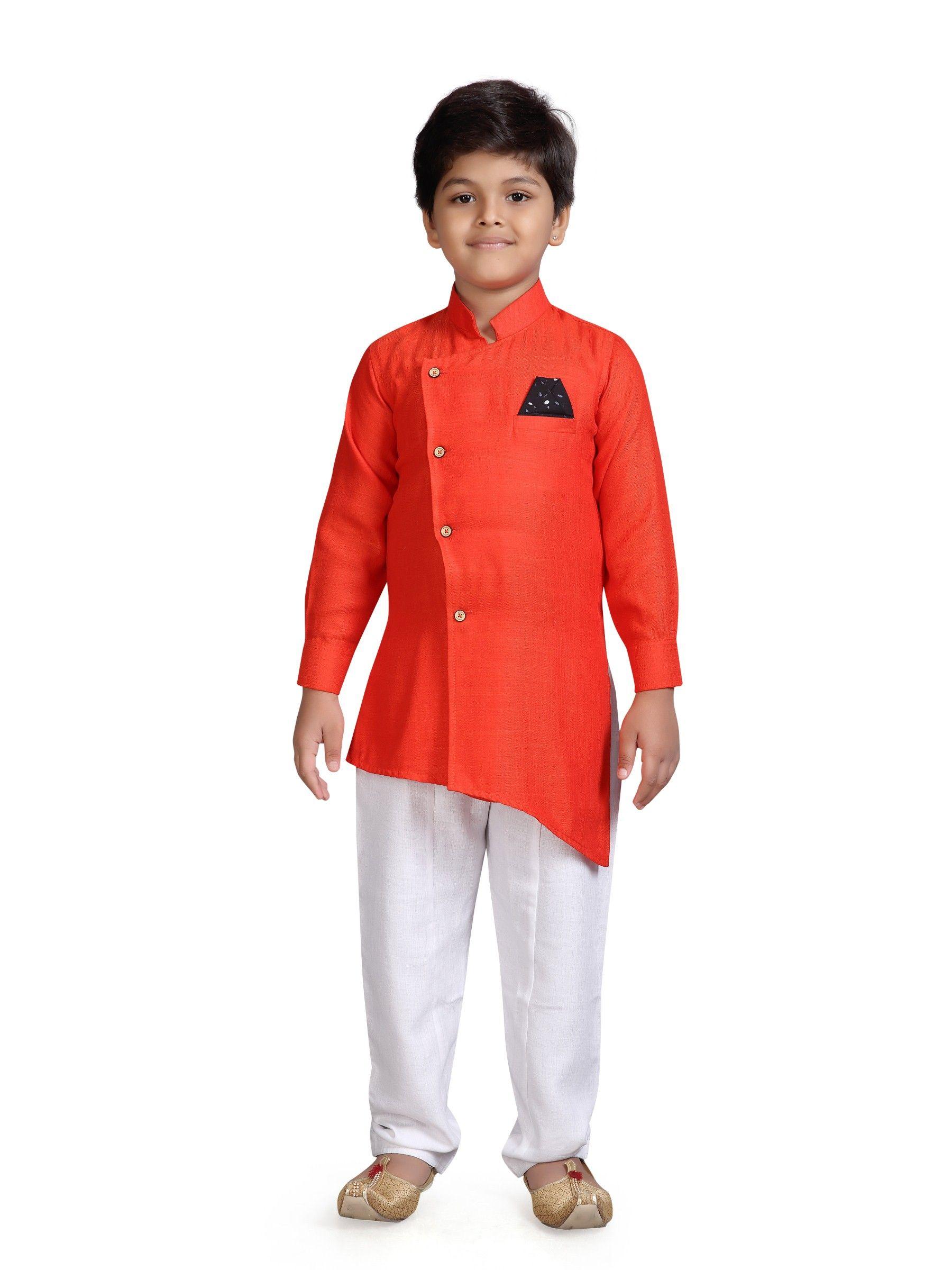 aj dezines boys orange & white solid kurta with pyjamas