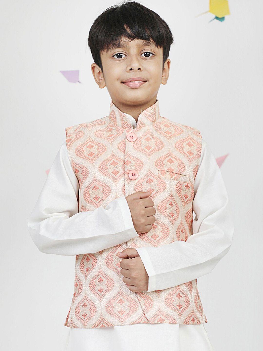 aj dezines boys peach & white embroidered nehru jacket