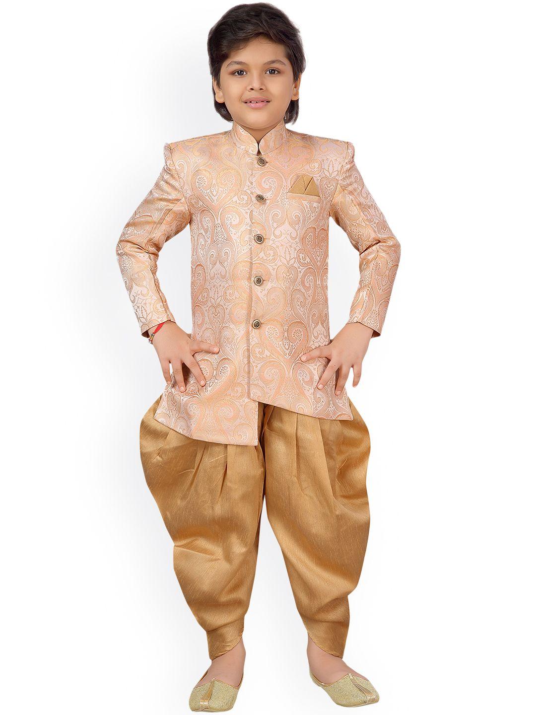 aj dezines boys peach-coloured & gold-coloured sherwani set