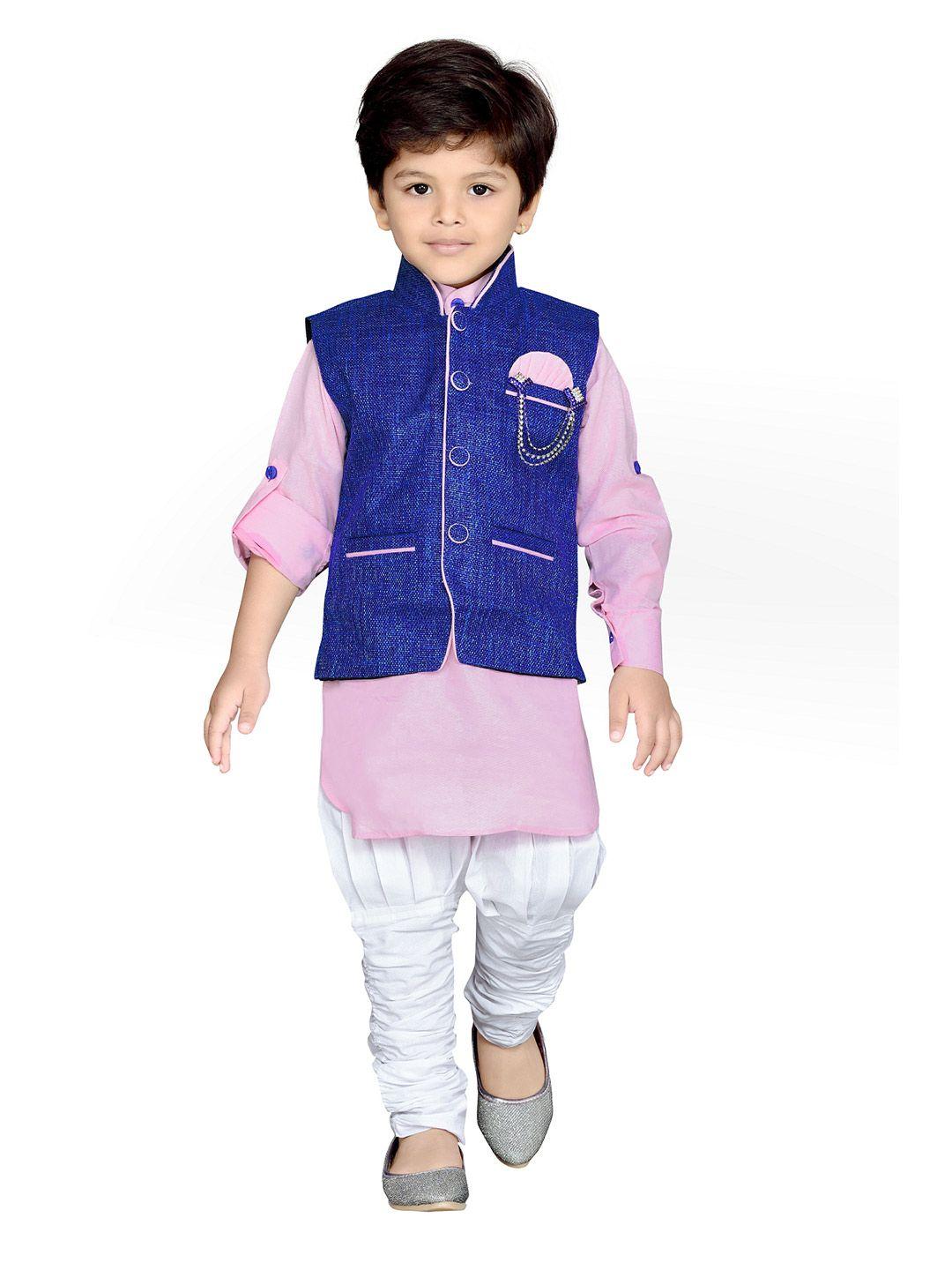 aj dezines boys pink & blue solid kurta with jodhpuri pants & waistcoat