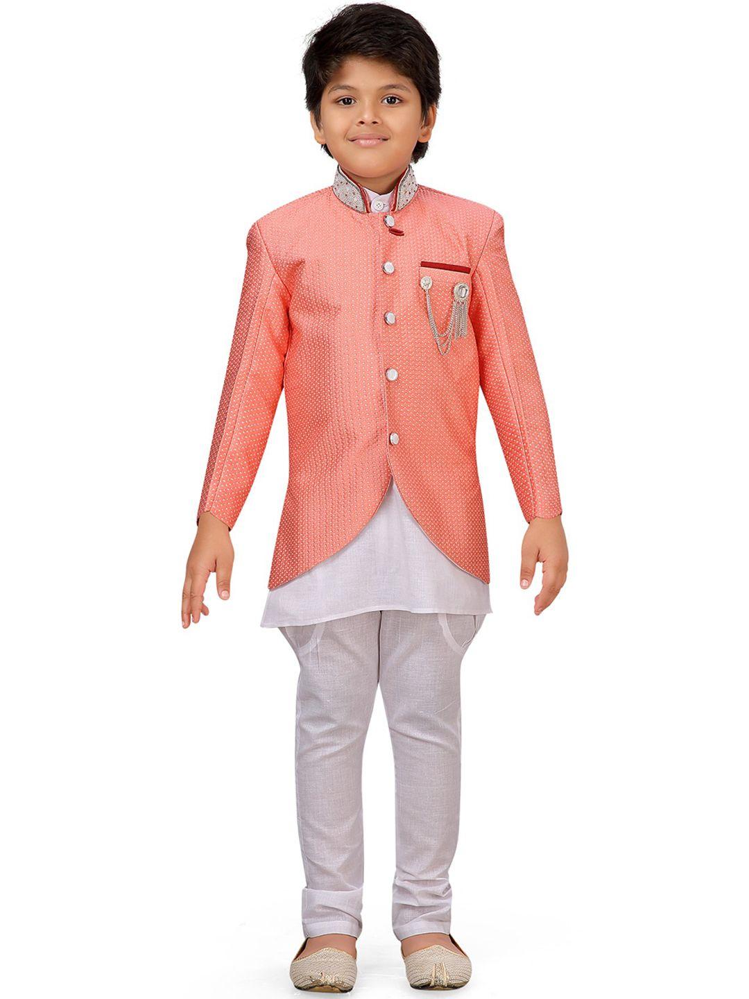 aj dezines boys pink & white woven design silk sherwani set