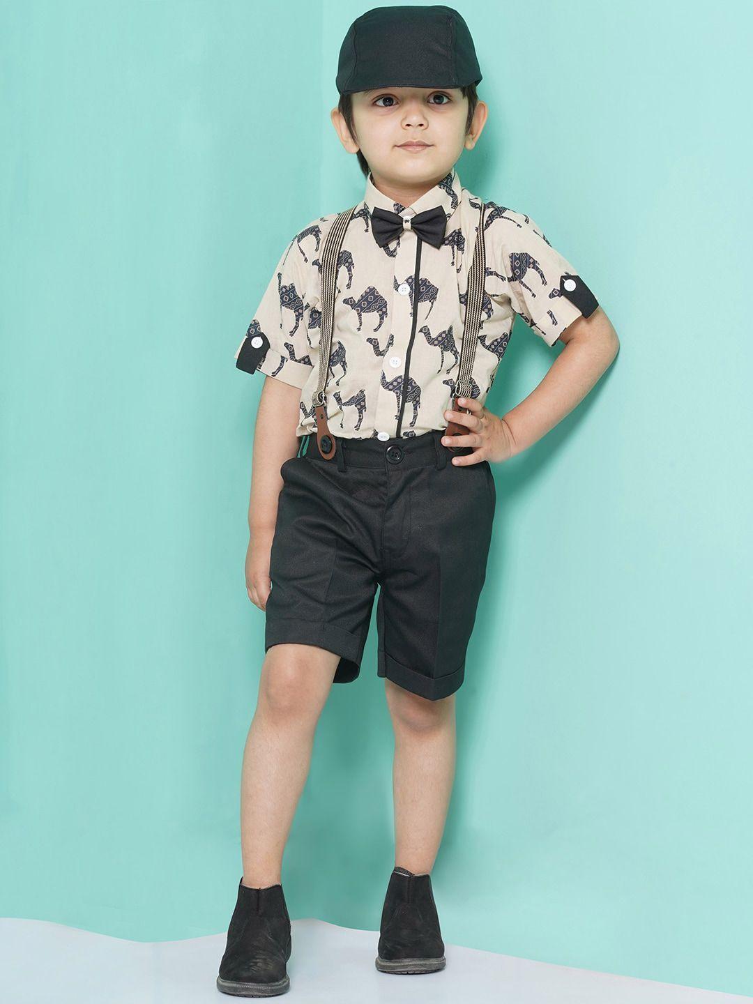 aj dezines boys printed shirt & shorts with cap & suspenders