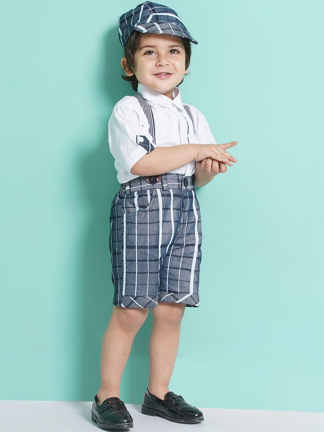 aj dezines boys printed shirt & shorts with cap & suspenders