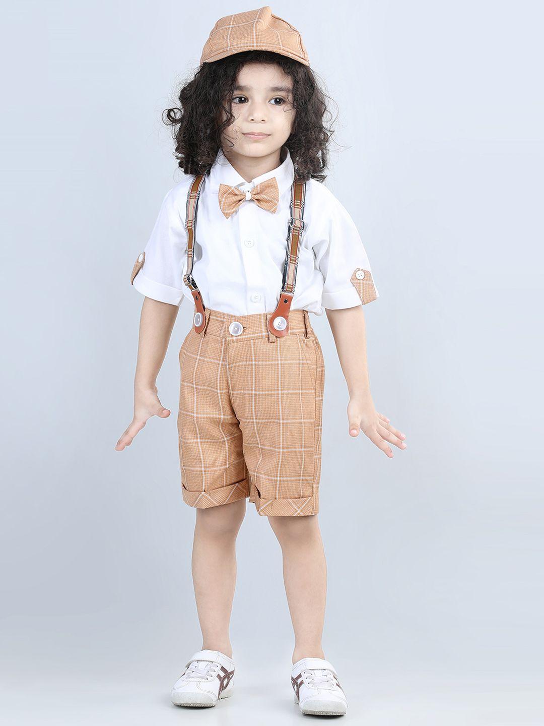 aj dezines boys printed shirt & shorts with cap & suspenders