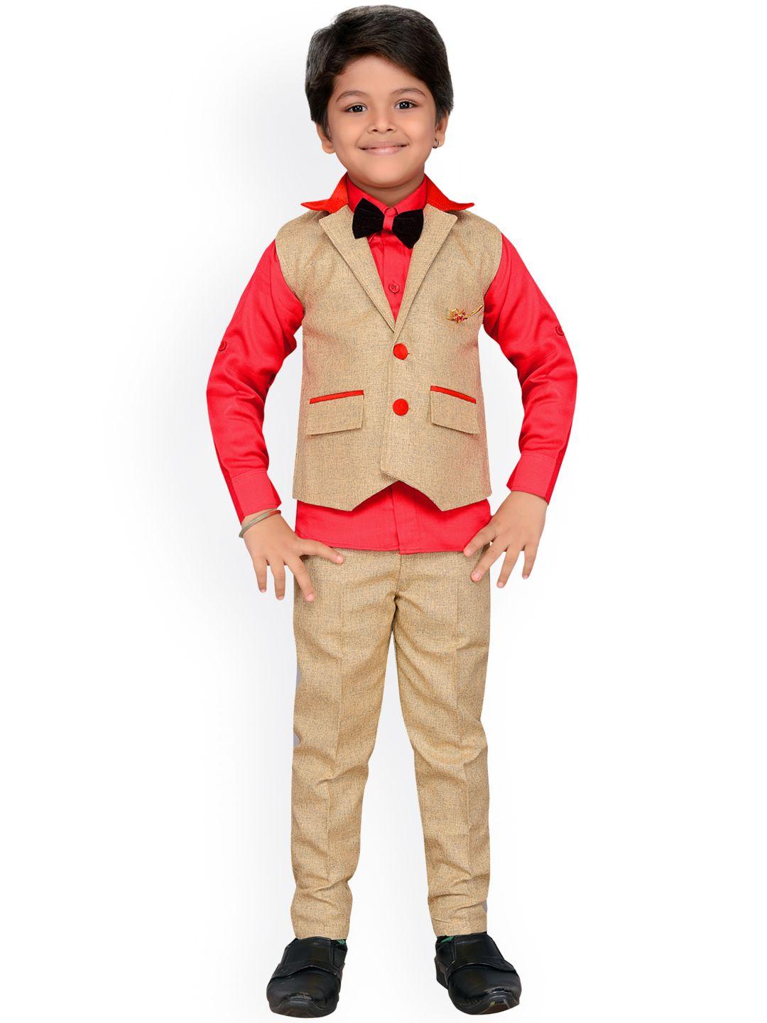 aj dezines boys red & beige solid shirt with trousers & waistcoat