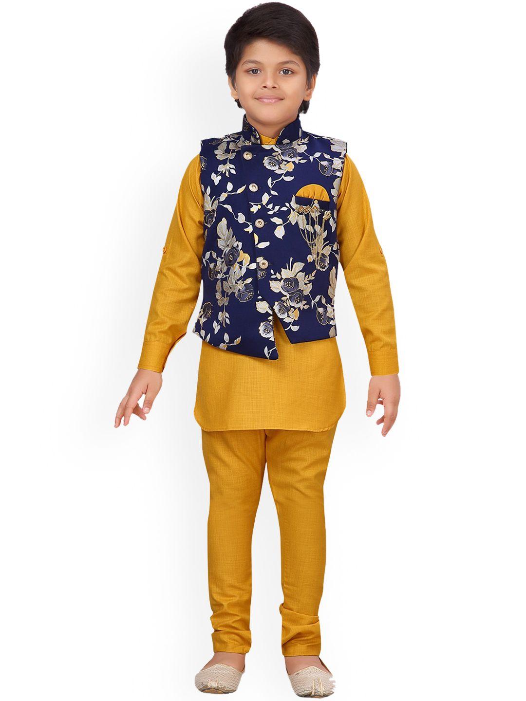 aj dezines boys yellow & navy blue printed kurta with pyjamas & nehru jacket