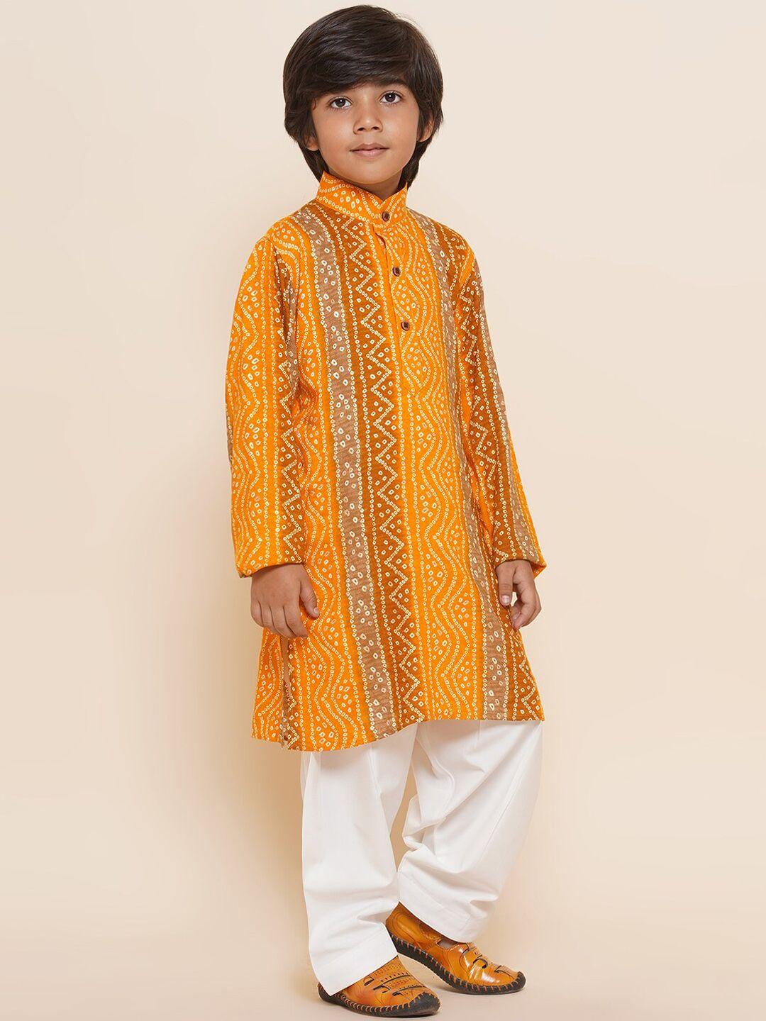aj dezines boys yellow bandhani printed regular pure cotton kurta with salwar