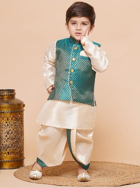 aj dezines kids beige & teal self design full sleeves kurta, dhoti with waistcoat
