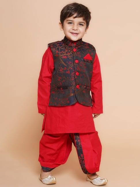 aj dezines kids black & red printed full sleeves kurta, dhoti with waistcoat