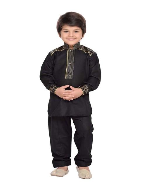 aj dezines kids black cotton embroidered full sleeves kurta set