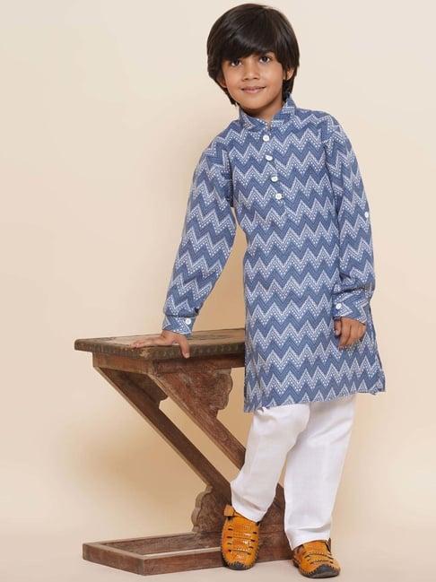 aj dezines kids blue & white cotton printed full sleeves kurta set