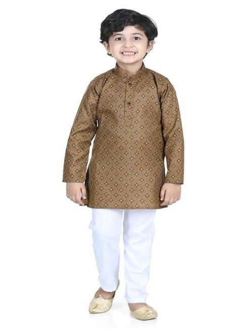 aj dezines kids brown cotton printed full sleeves kurta set