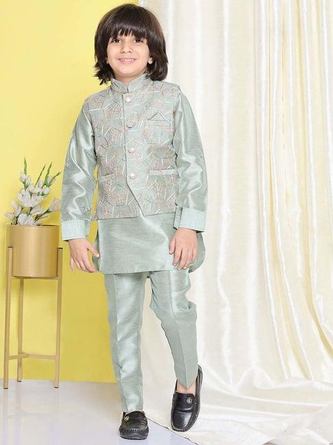 aj dezines kids green embroidered full sleeves kurta set