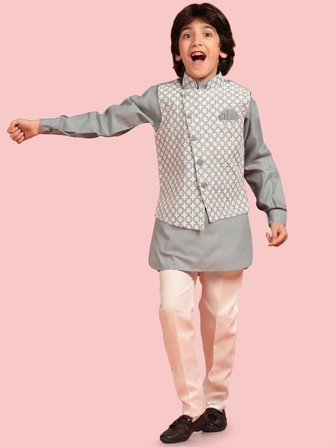 aj dezines kids grey & white cotton embroidered full sleeves kurta set
