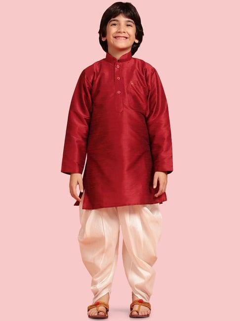 aj dezines kids maroon & white regular fit full sleeves kurta set