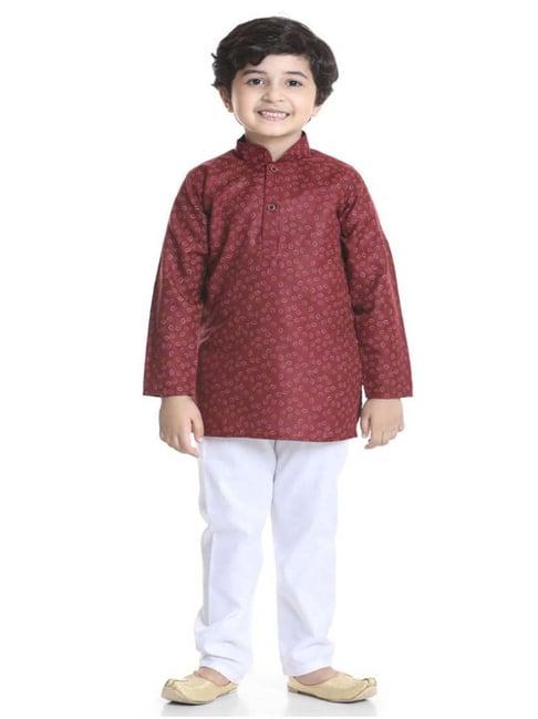 aj dezines kids maroon cotton printed full sleeves kurta set