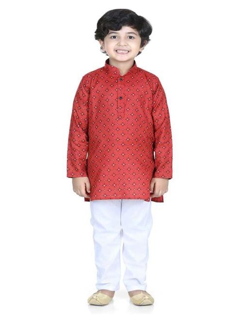 aj dezines kids maroon cotton printed full sleeves kurta set