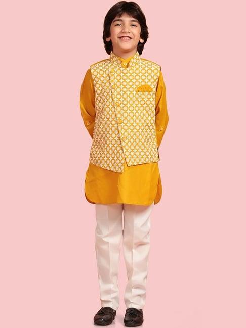 aj dezines kids mustard & white cotton embroidered full sleeves kurta set