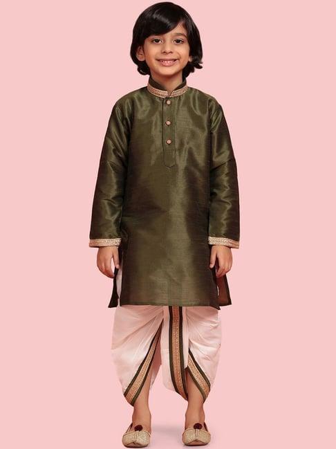 aj dezines kids olive green & white embroidered full sleeves kurta set