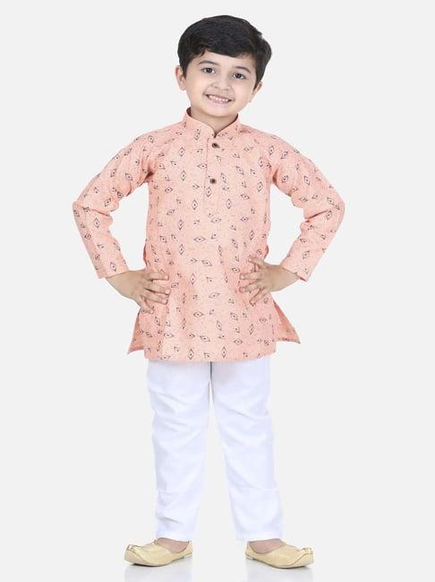 aj dezines kids pink cotton printed full sleeves kurta set