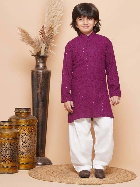 aj dezines kids purple & white cotton embroidered full sleeves kurta set