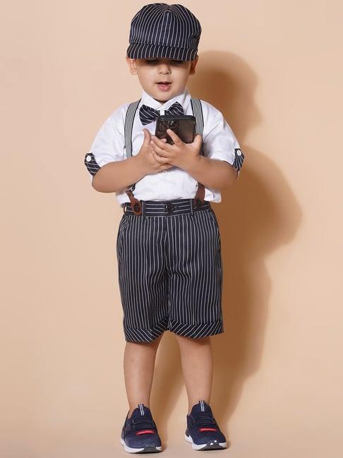 aj dezines kids white & black striped shirt, shorts, suspender with cap