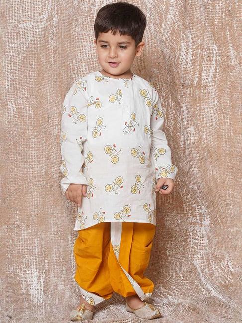 aj dezines kids white & yellow printed full sleeves kurta with dhoti
