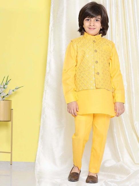 aj dezines kids yellow cotton embroidered full sleeves kurta set
