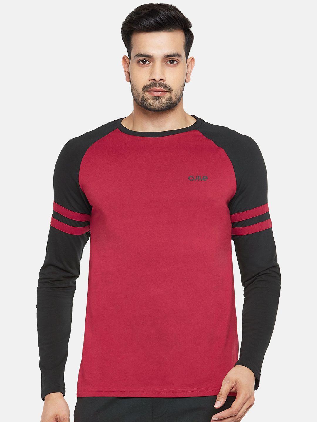 ajile by pantaloons men red  black colourblocked slim fit round neck pure cotton t-shirt