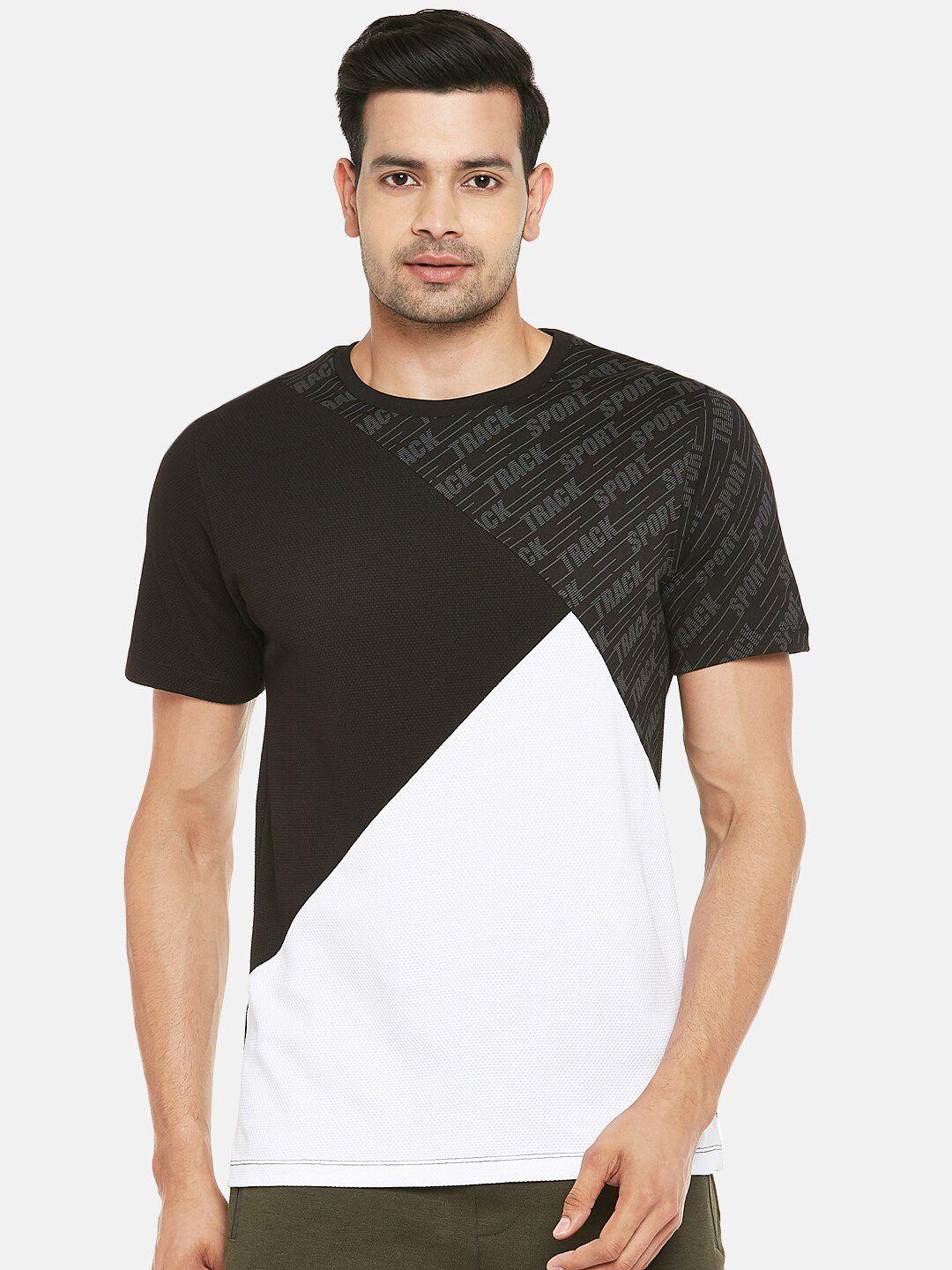 ajile by pantaloons men white  black colourblocked slim fit pure cotton t-shirt