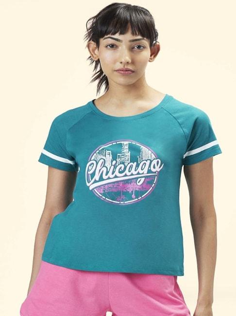 ajile by pantaloons teal green cotton graphic print sports t-shirt