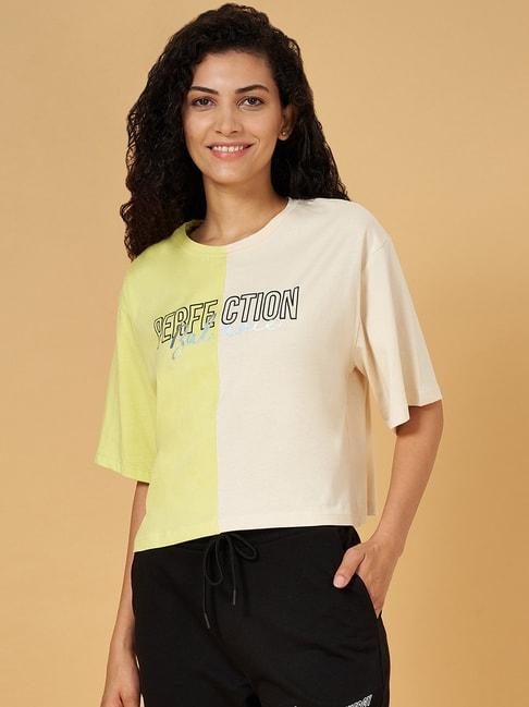 ajile by pantaloons white & yellow cotton graphic print sports t-shirt