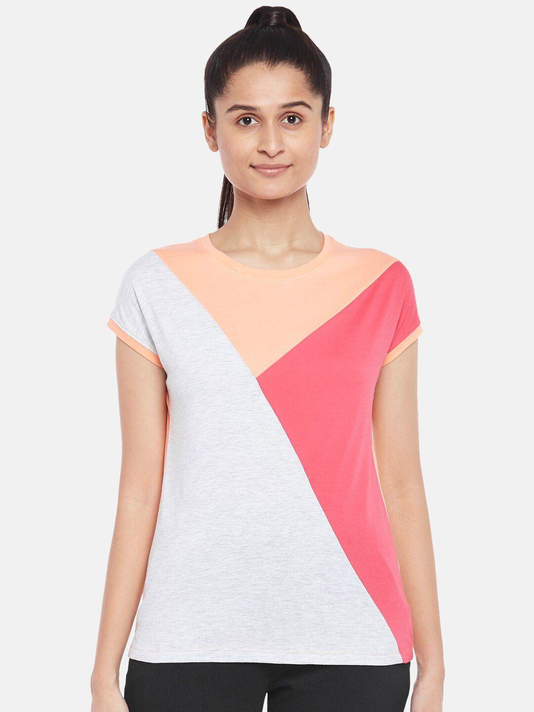 ajile by pantaloons women grey melange & pink colourblocked pure cotton t-shirt