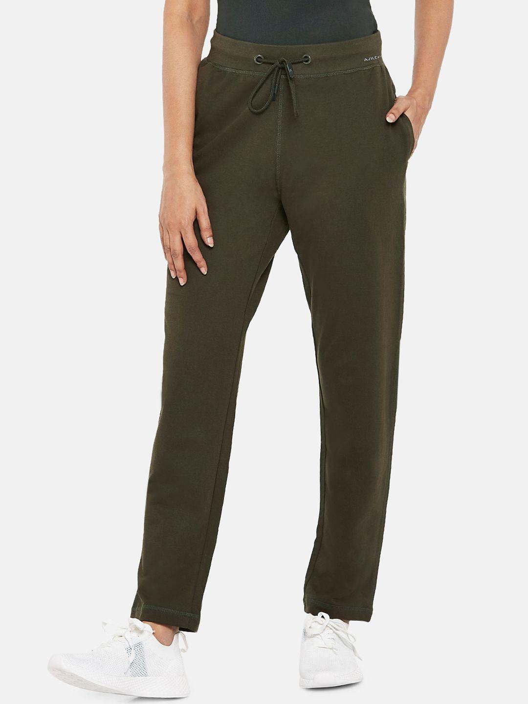 ajile by pantaloons women olive green solid slim-fit track pants