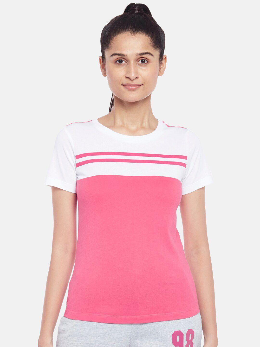 ajile by pantaloons women pink & white colourblocked pure cotton t-shirt
