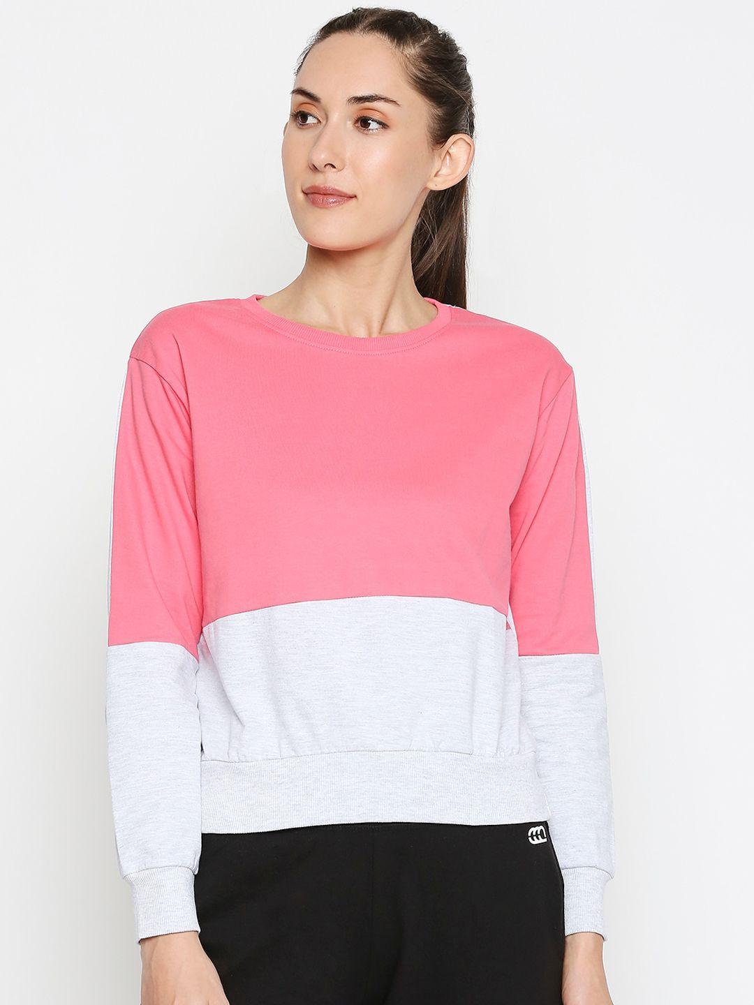ajile by pantaloons women pink & white colourblocked sweatshirt