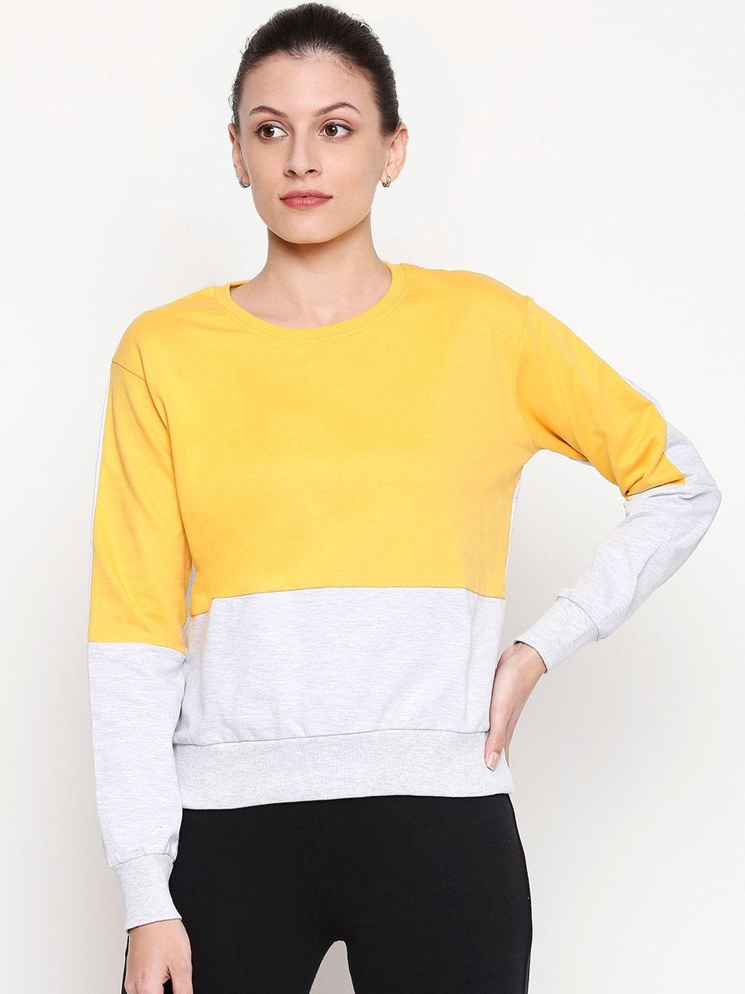 ajile by pantaloons women yellow & grey colourblocked sweatshirt