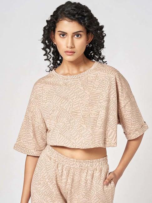 ajile by pantaloons beige cotton printed cropped t-shirt