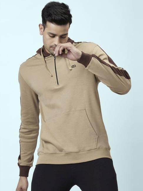 ajile by pantaloons beige slim fit colour block hooded sweatshirt