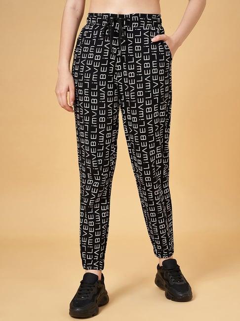 ajile by pantaloons black cotton printed sports joggers