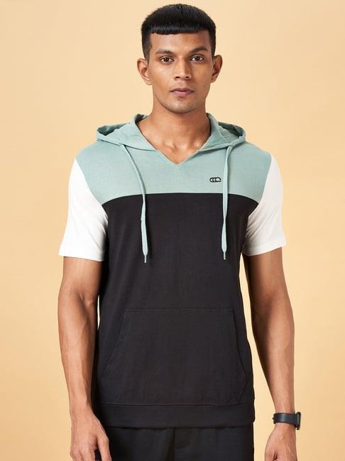 ajile by pantaloons black cotton slim fit colour block hooded t-shirt