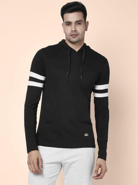 ajile by pantaloons black cotton slim fit striped hooded t-shirt