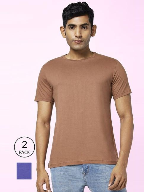 ajile by pantaloons blue & brown cotton regular fit t-shirt - pack of 2