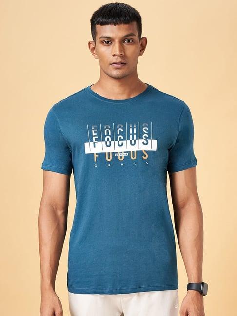 ajile by pantaloons bright teal cotton slim fit printed t-shirt