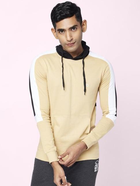 ajile by pantaloons camel cotton slim fit colour block hooded sweatshirt